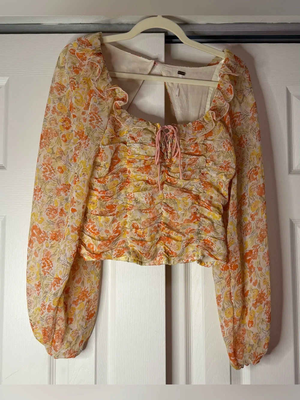 Free People Peach and Yellow Floral Puff-Sleeve Tie Front Blouse - Size XS
